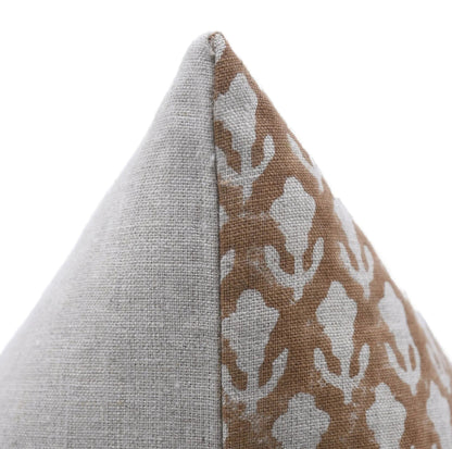Brown Floral Block Print Linen Pillow Cover - Trishul