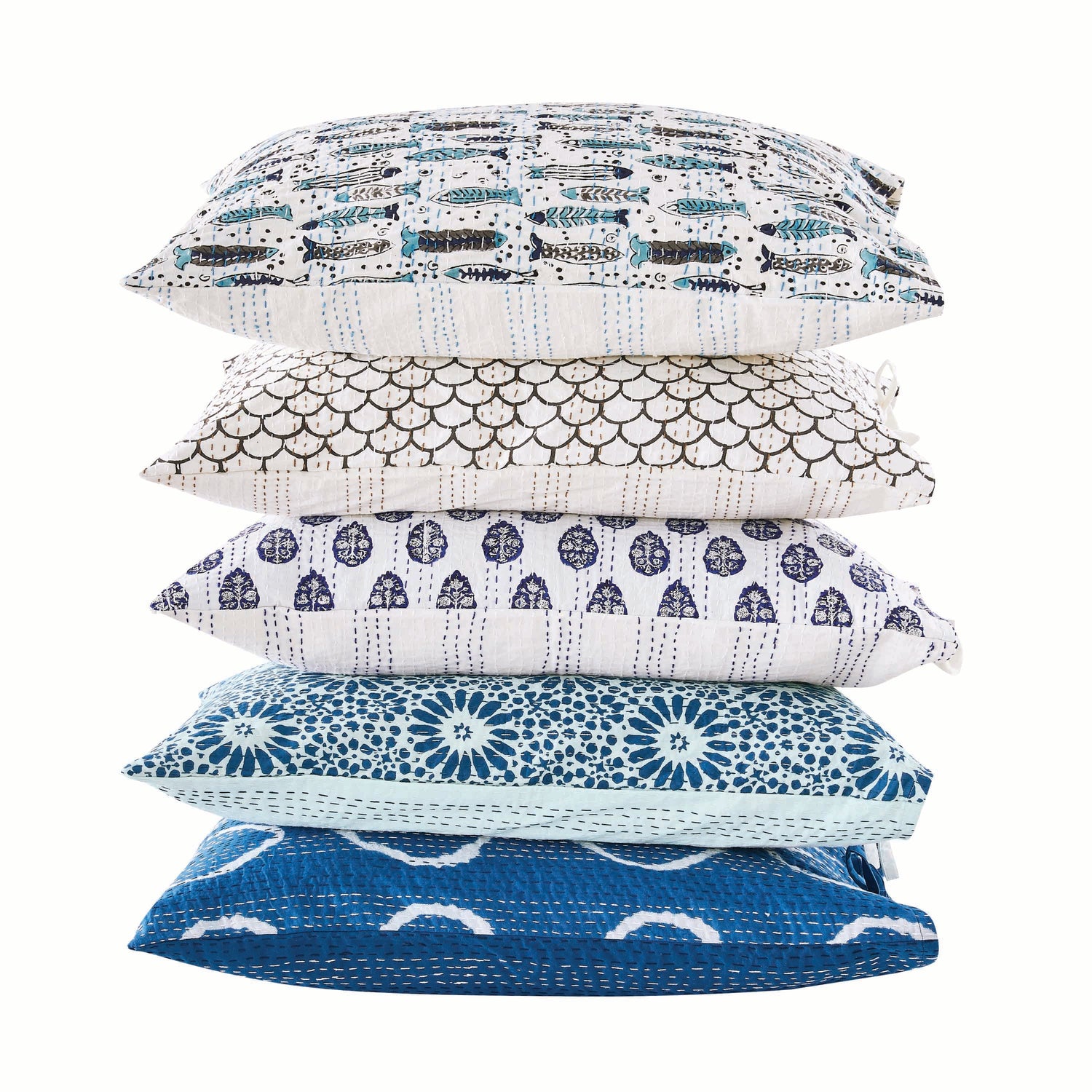 Hand Stitched Block Print Kantha Pillow Sham Pairs