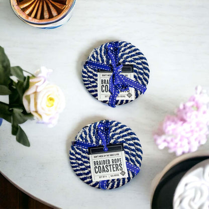 Blue and White Braided Coasters - Set of 4