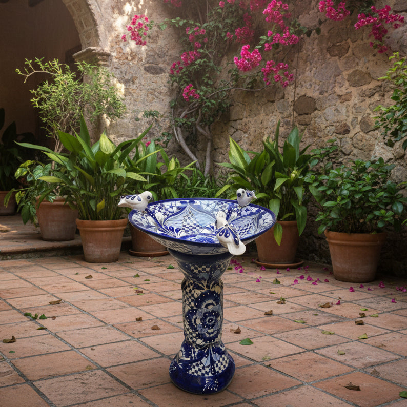 Blue &amp; White Talavera Bird Bath with Rim Birds | Mexican Garden Art