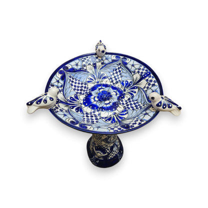 Blue &amp; White Talavera Bird Bath with Rim Birds | Mexican Garden Art