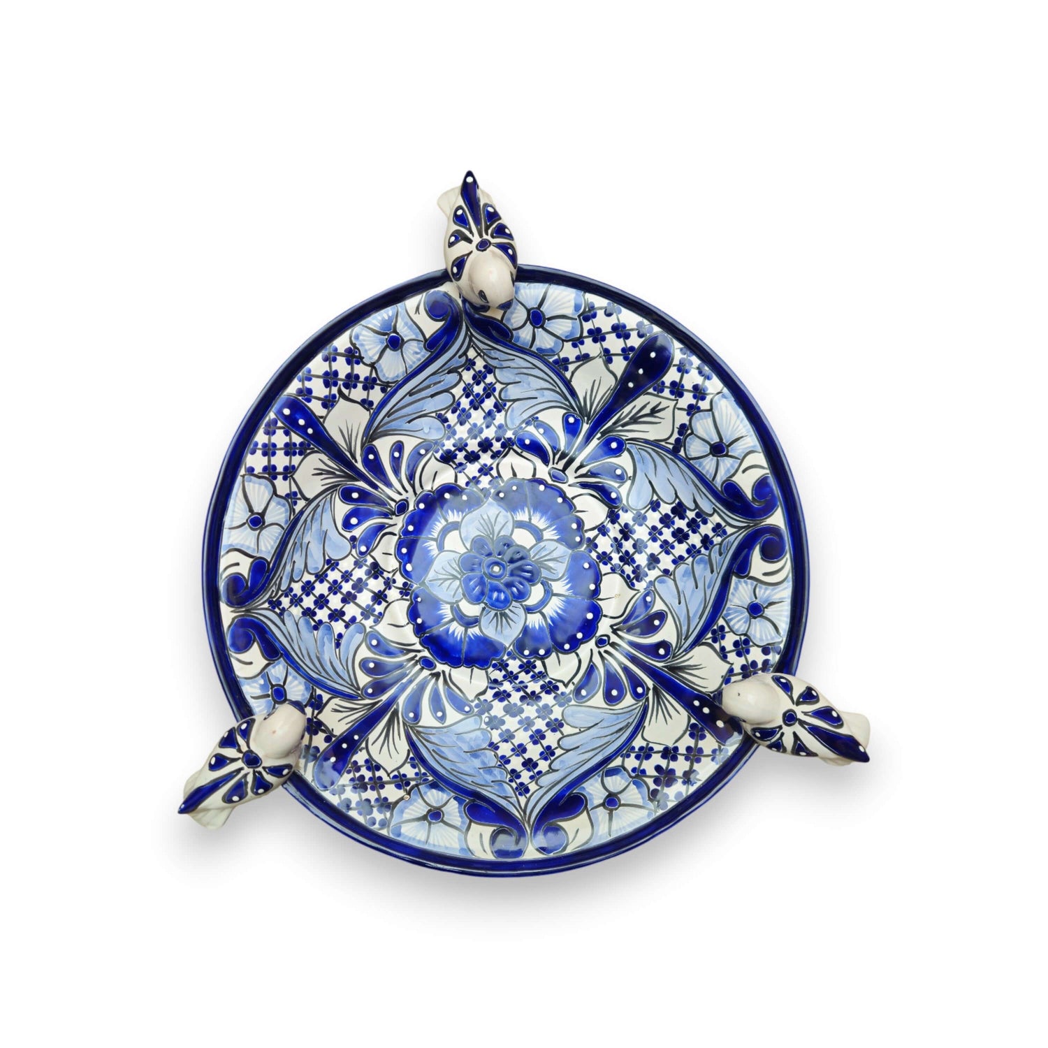 Blue &amp; White Talavera Bird Bath with Rim Birds | Mexican Garden Art