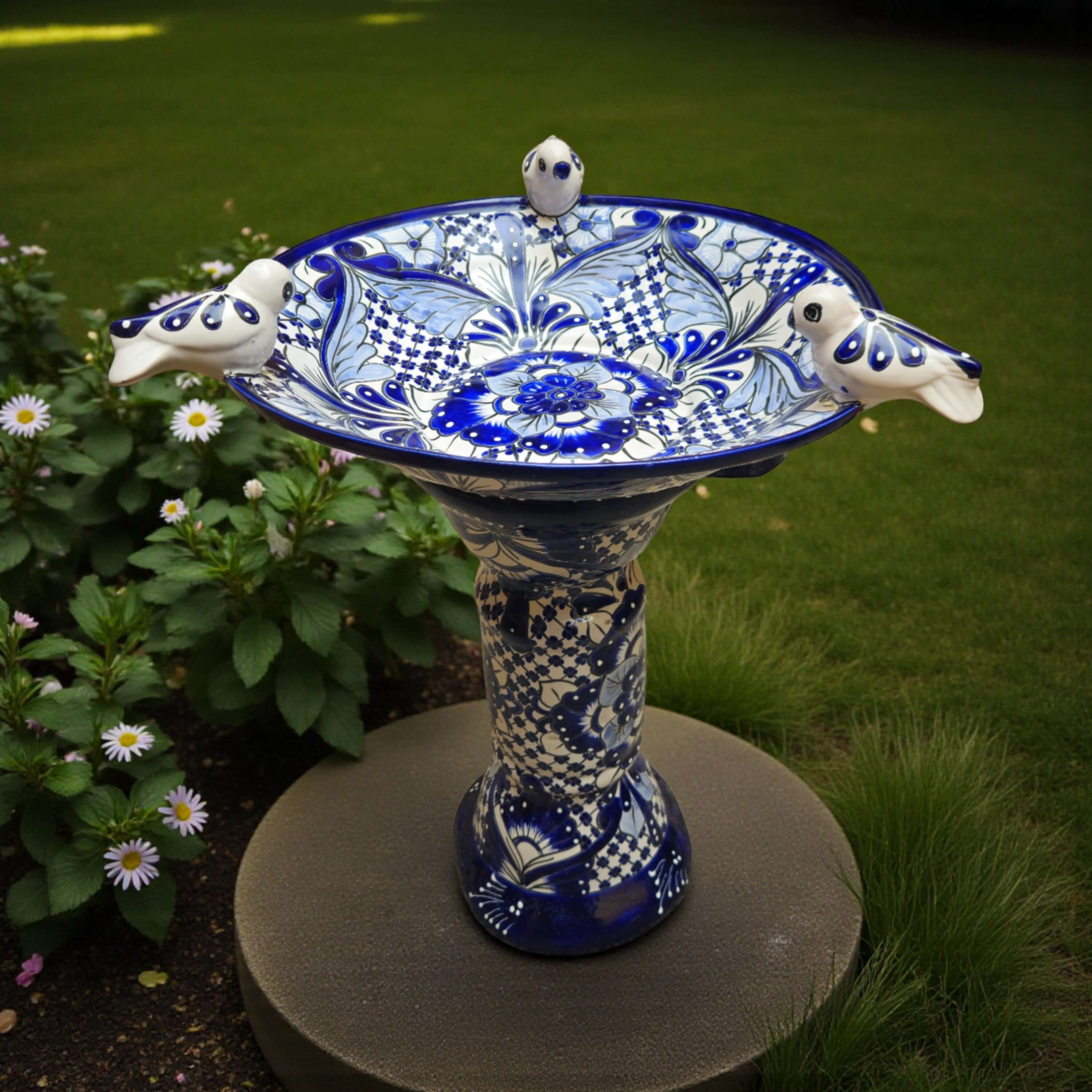 Blue &amp; White Talavera Bird Bath with Rim Birds | Mexican Garden Art