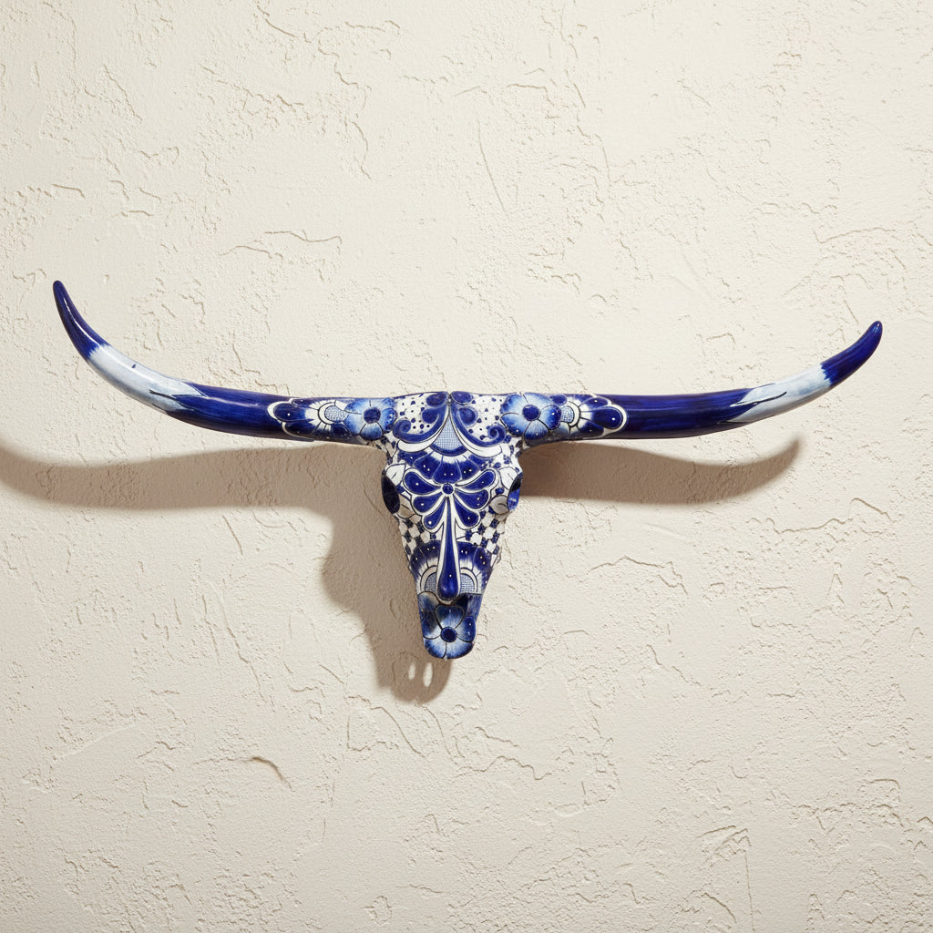 Talavera Longhorn Skull | Blue &amp; White Mexican Wall Art