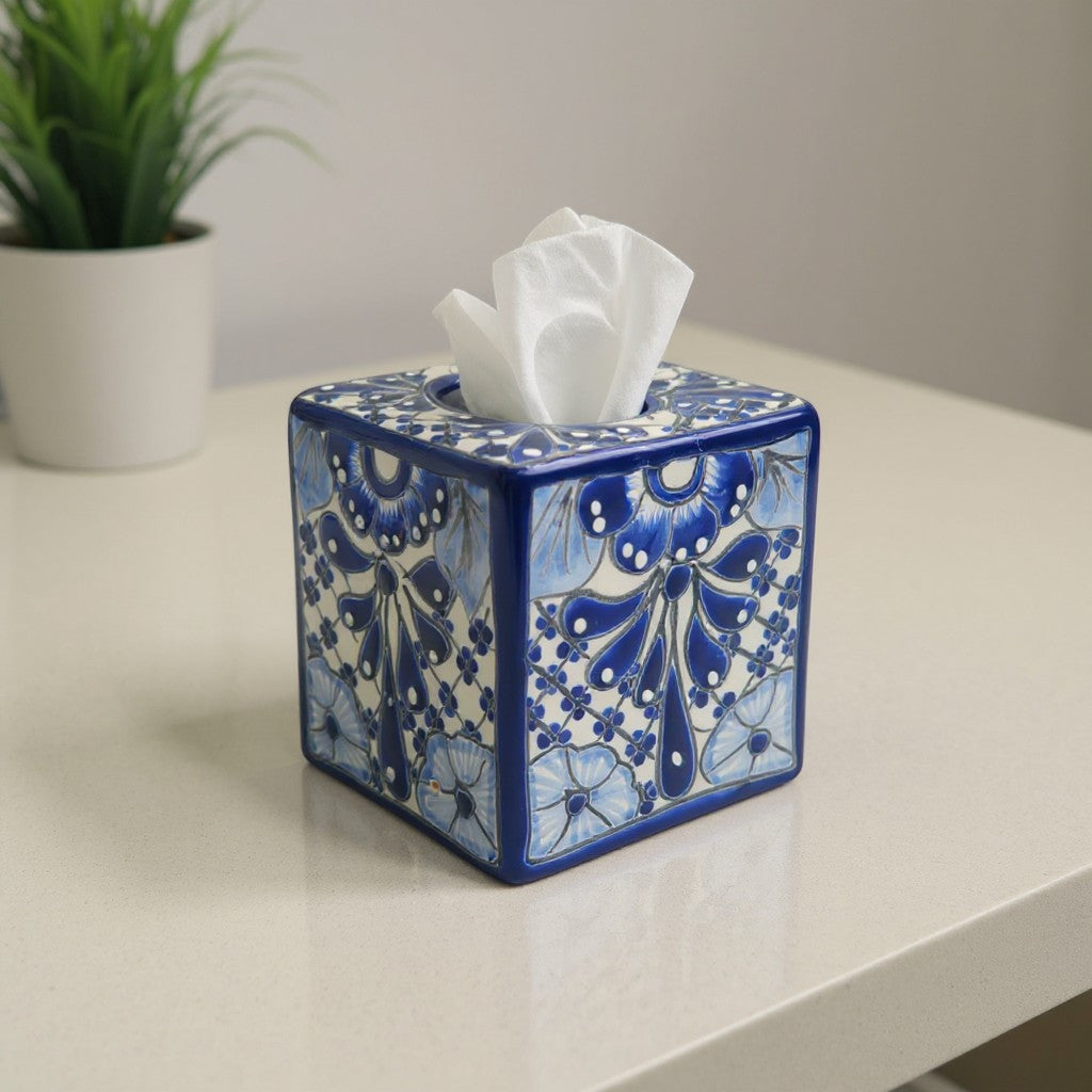 Blue &amp; White Talavera Tissue Box | Handmade Mexican Accent
