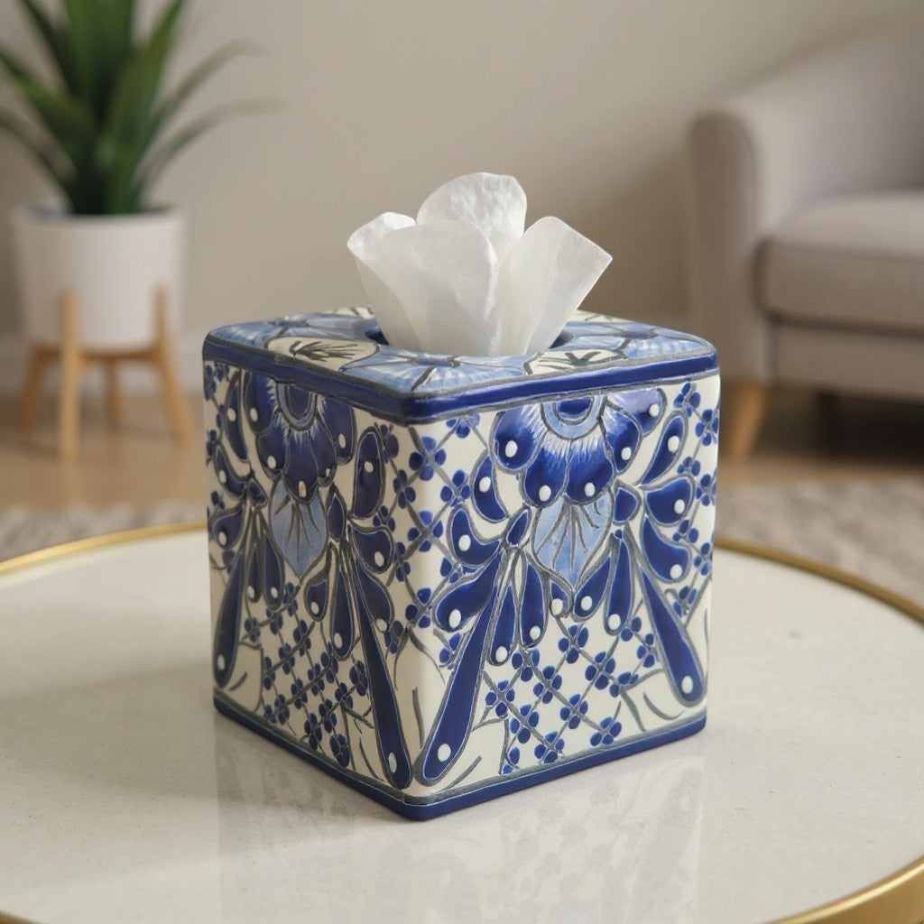 Blue &amp; White Talavera Tissue Box | Handmade Mexican Accent
