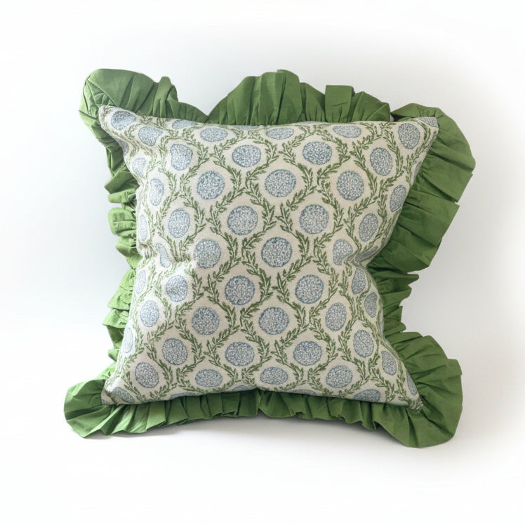Blue Flowers and Vines - Ruffle Pillow Cover