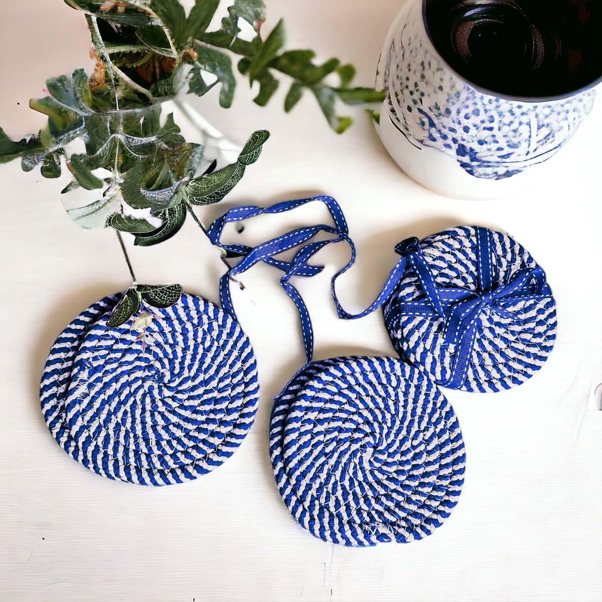 Blue and White Braided Coasters - Set of 4
