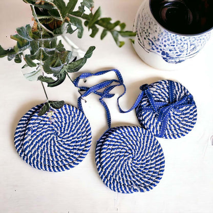 Blue and White Braided Coasters - Set of 4