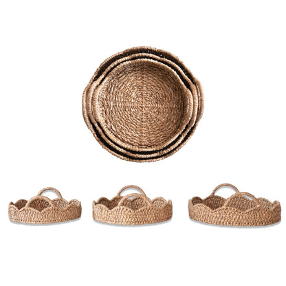 Braided Bankuan &amp; Rattan Scalloped Tray with Handles - 3 Sizes
