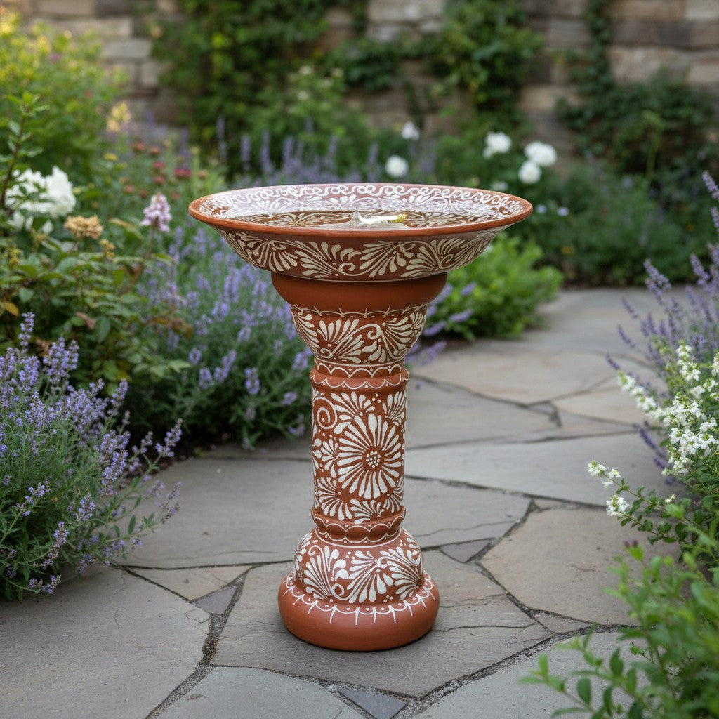 Brown &amp; White Talavera Bird Bath | Handmade Garden Accent
