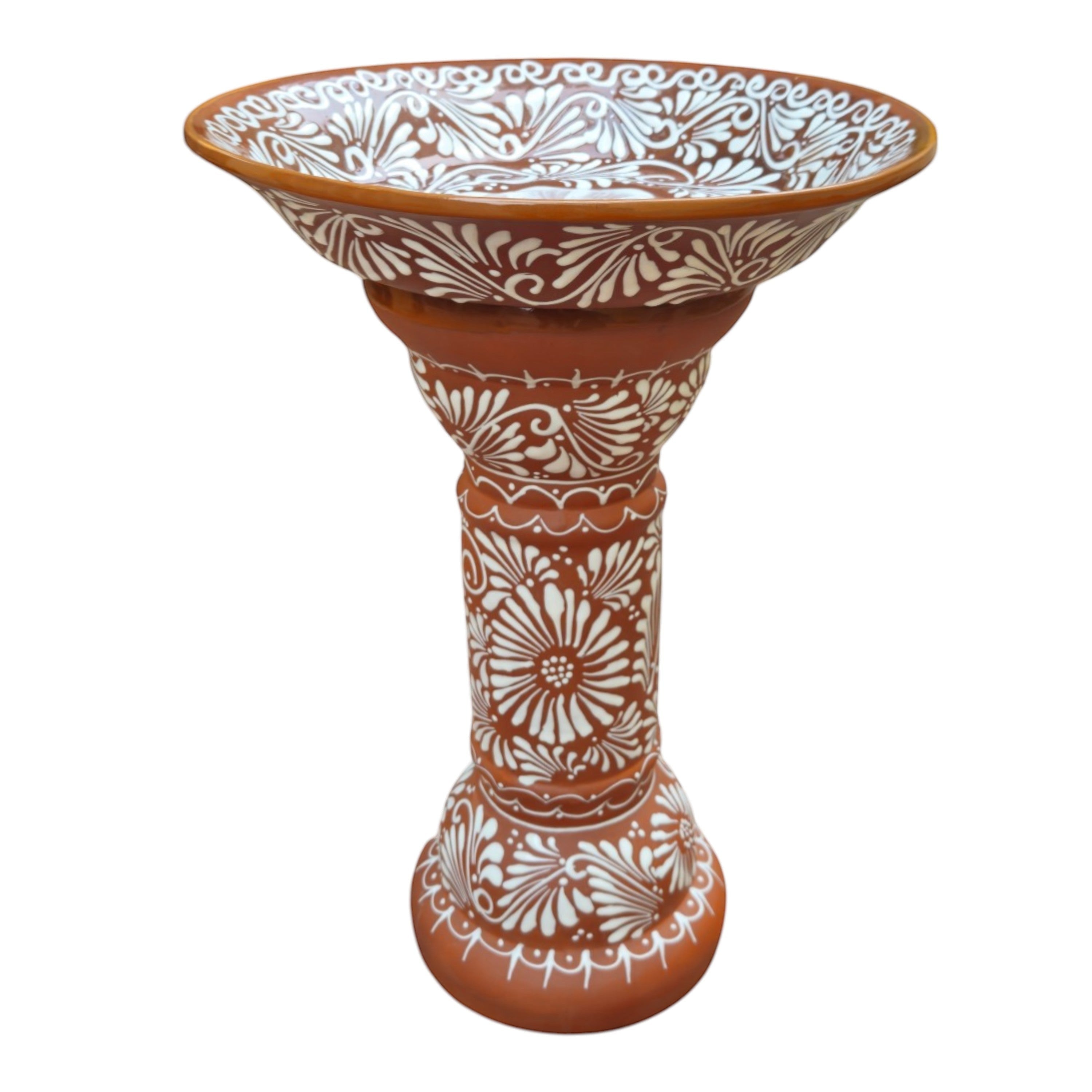 Brown &amp; White Talavera Bird Bath | Handmade Garden Accent
