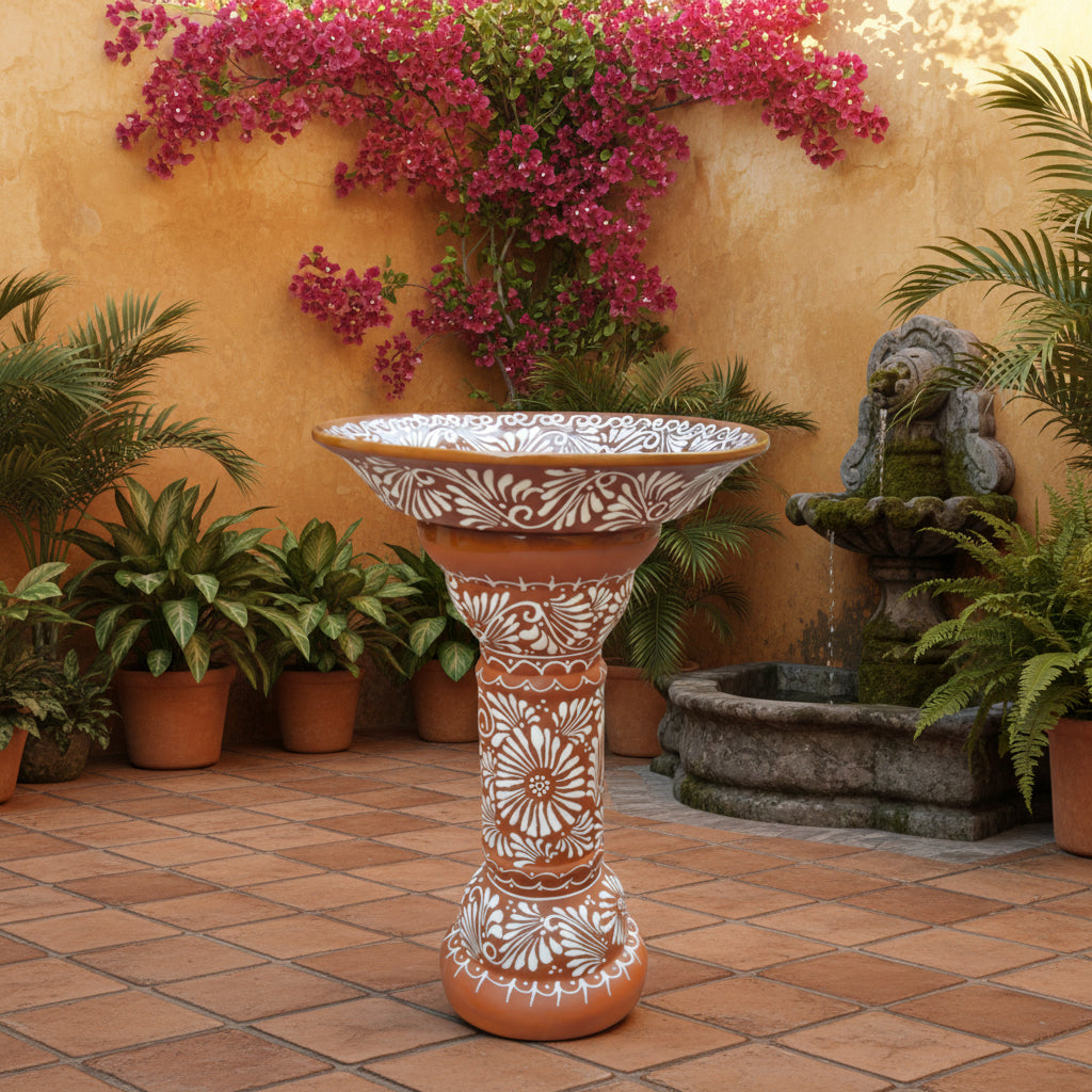 Brown &amp; White Talavera Bird Bath | Handmade Garden Accent