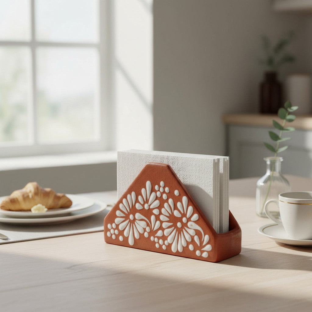 Brown &amp; White Talavera Napkin Holder | Floral Glazed Design