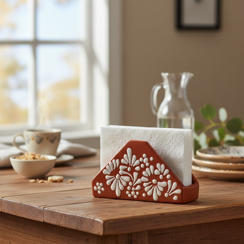 Brown &amp; White Talavera Napkin Holder | Floral Glazed Design