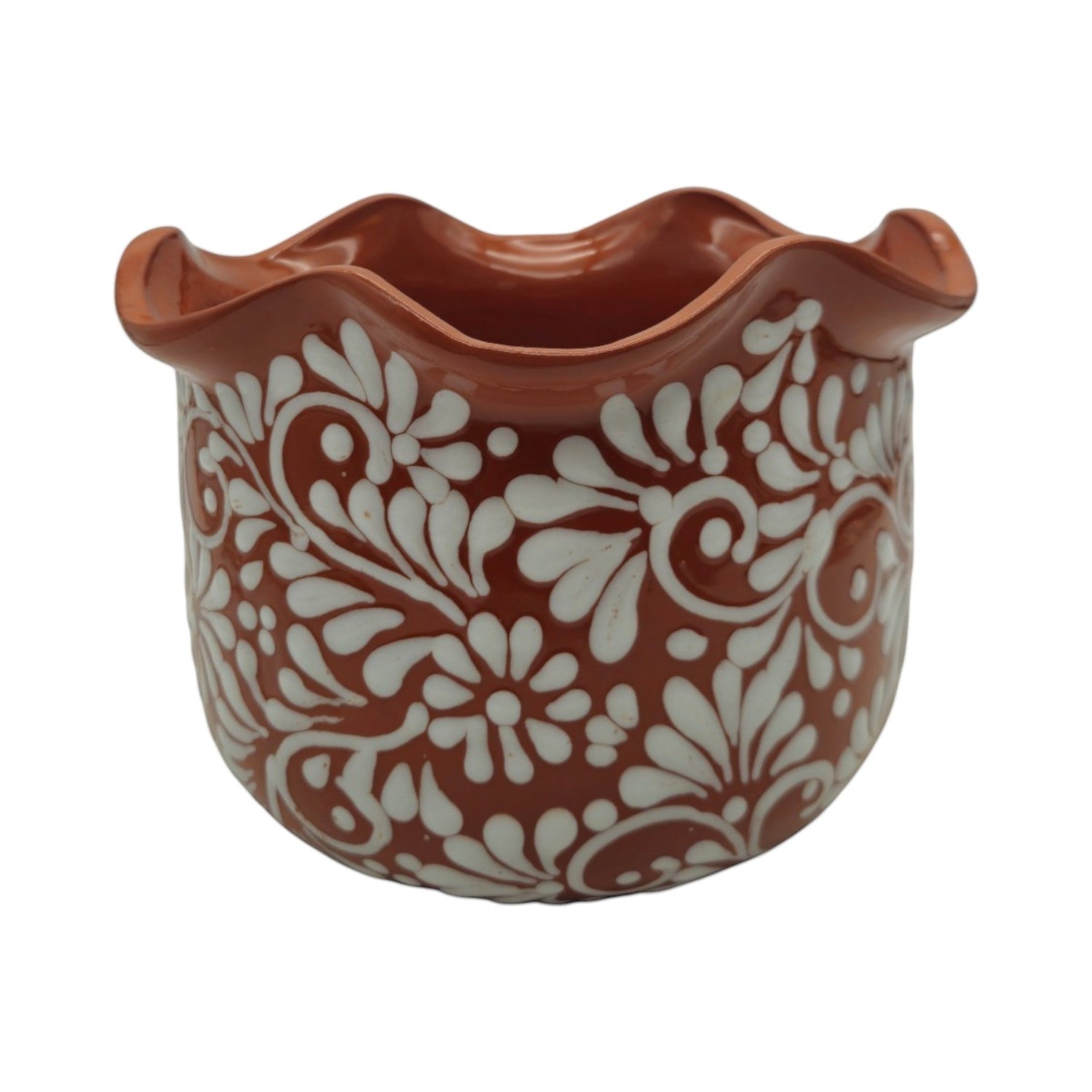 Brown &amp; White Talavera Planter | Handcrafted Wavy Rim Pot
