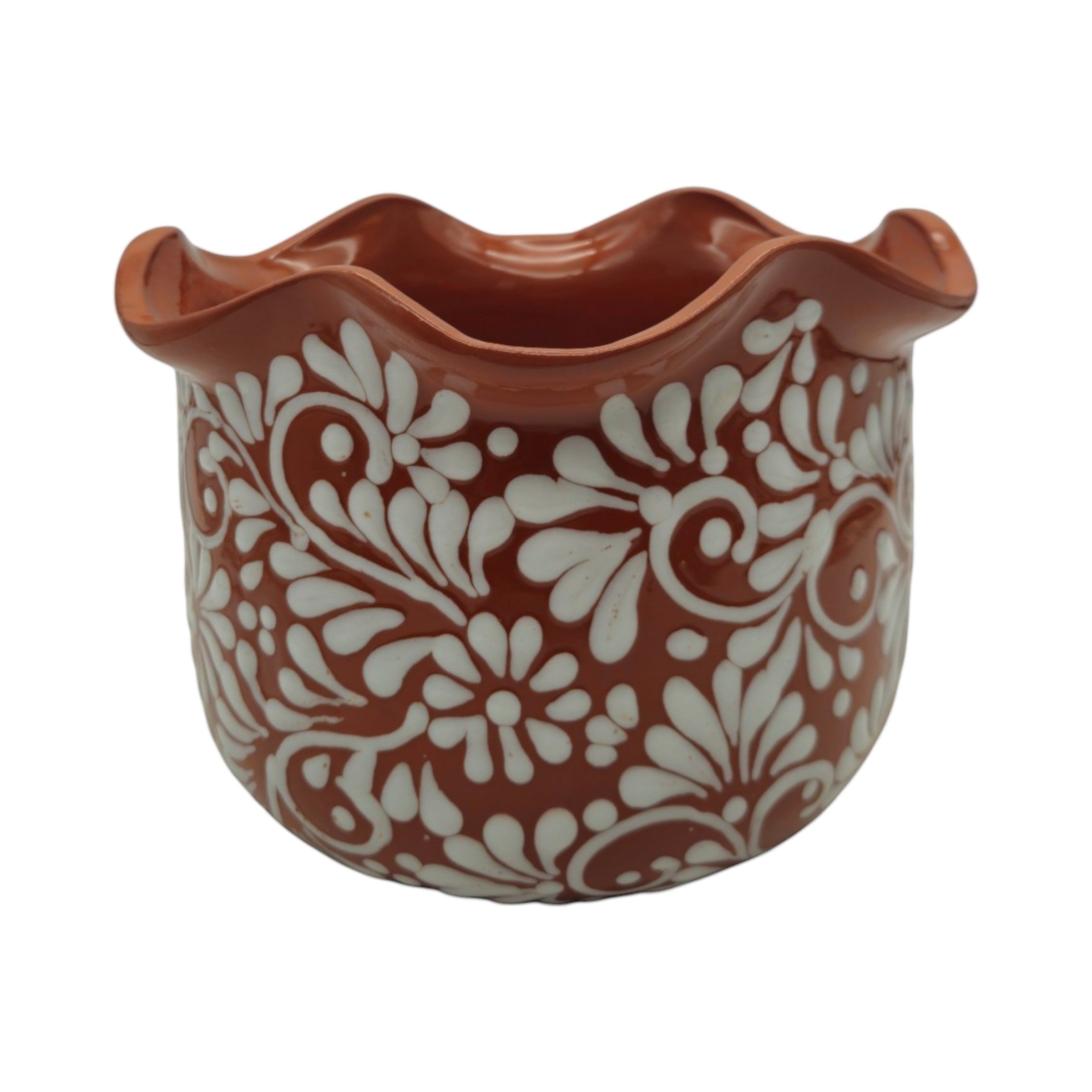 Brown &amp; White Talavera Planter | Handcrafted Wavy Rim Pot