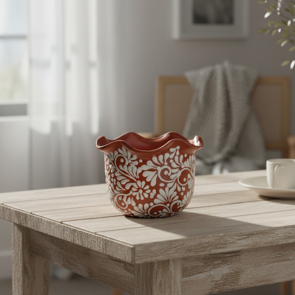 Brown &amp; White Talavera Planter | Handcrafted Wavy Rim Pot
