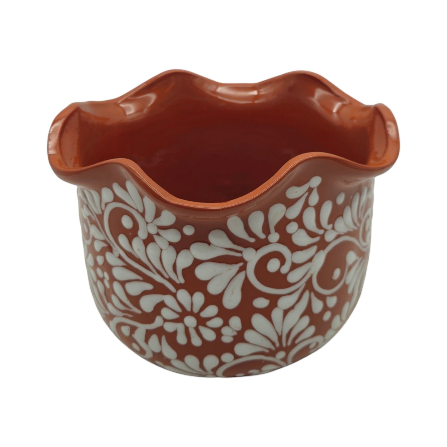 Brown &amp; White Talavera Planter | Handcrafted Wavy Rim Pot