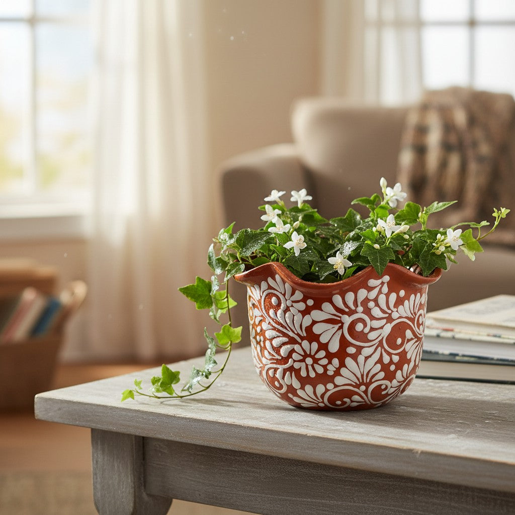 Brown &amp; White Talavera Planter | Handcrafted Wavy Rim Pot