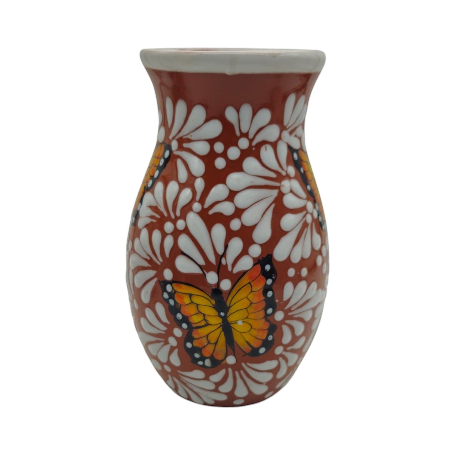 Brown &amp; White Talavera Vase | Monarch Butterfly Relief Design