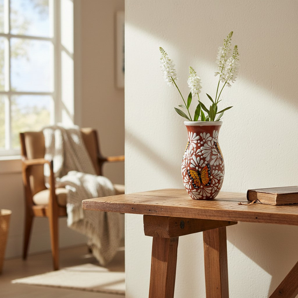 Brown &amp; White Talavera Vase | Monarch Butterfly Relief Design