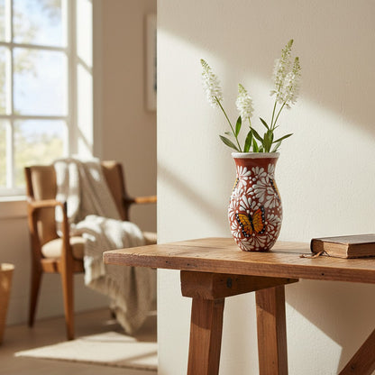 Brown &amp; White Talavera Vase | Monarch Butterfly Relief Design