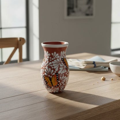 Brown &amp; White Talavera Vase | Monarch Butterfly Relief Design