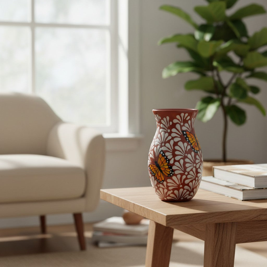 Brown &amp; White Talavera Vase | Monarch Butterfly Relief Design