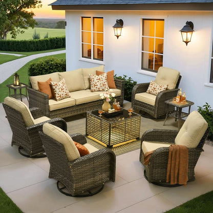 Modern 8 Piece Wicker Patio Set with Swivel Rocking Chairs and Sofa - Beige