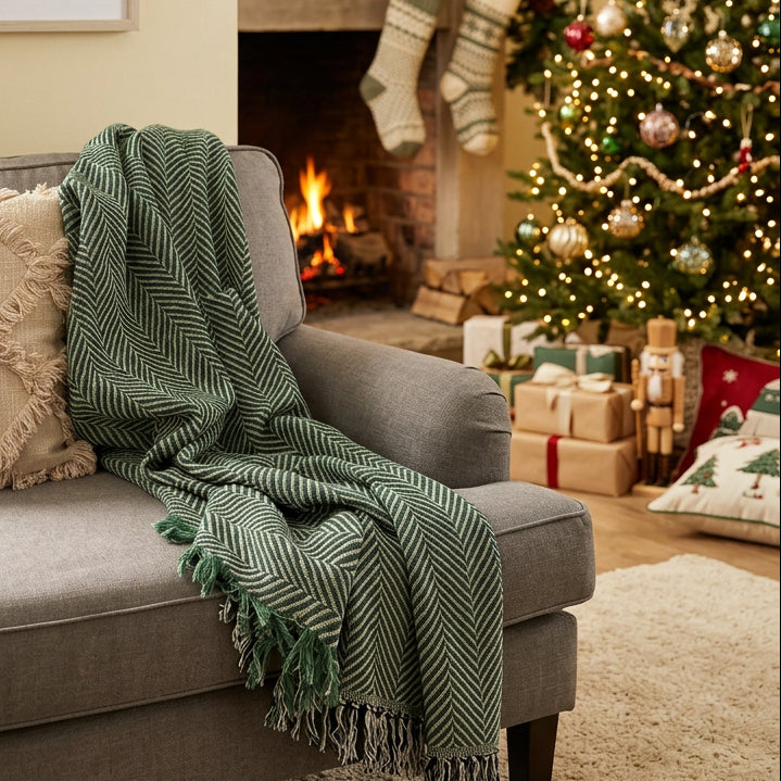 Green Herringbone Jacquard Woven Throw