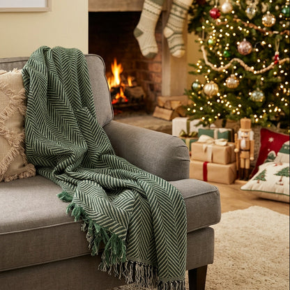Green Herringbone Jacquard Woven Throw