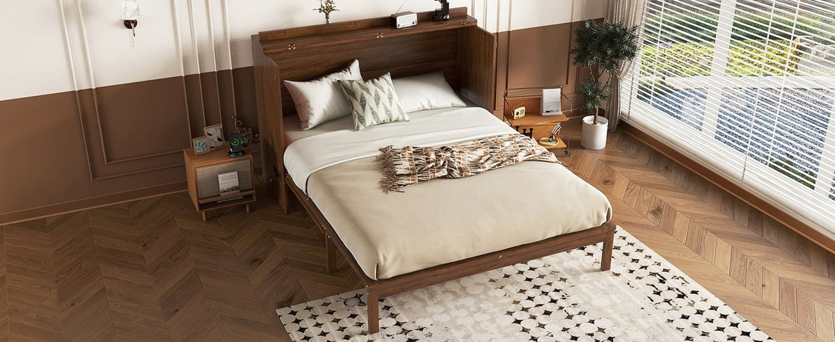 Queen Size Murphy Bed, Pine Wood with Power Station and Rattan Decoration Panel - Walnut