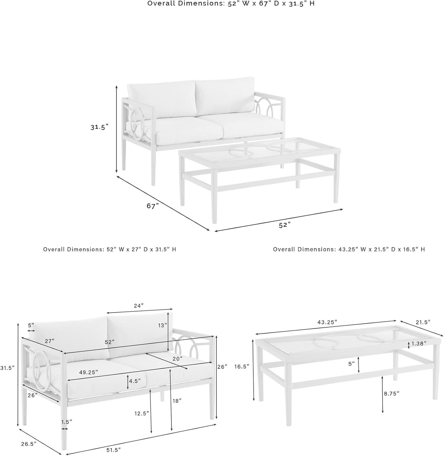 2 Piece Outdoor Gray Metal Loveseat and Coffee Table Set with Creme Cushions