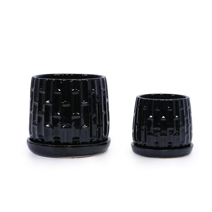 Set of 2 Patterned Ceramic Flowerpots - Black
