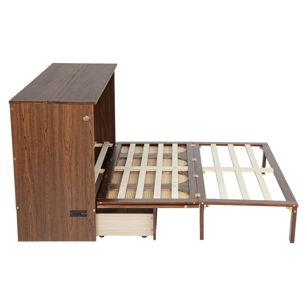 Queen Size Murphy Bed, Pine Wood with Power Station and Rattan Decoration Panel - Walnut