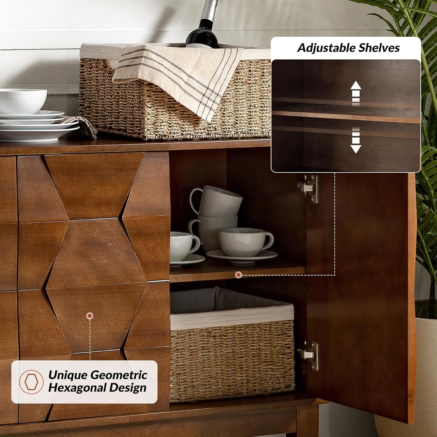 Walnut Mid Century Sideboard Buffet With Solid Wood Legs