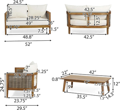 Burchett Outdoor 4 Piece Chat Set - Acacia Wood And Wicker Teak, Brown/Beige