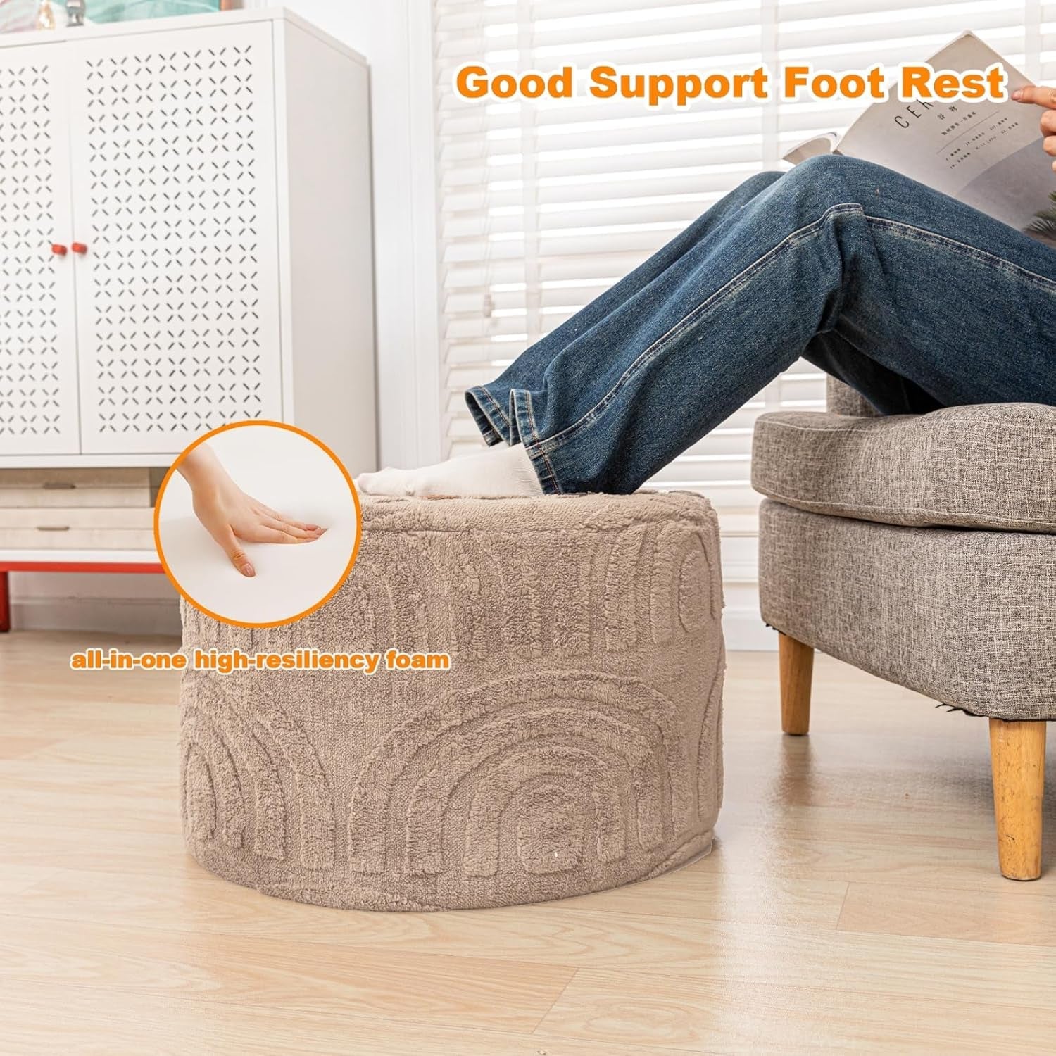 Round Ottoman Pouf 20x20x14 Inches in Khaki