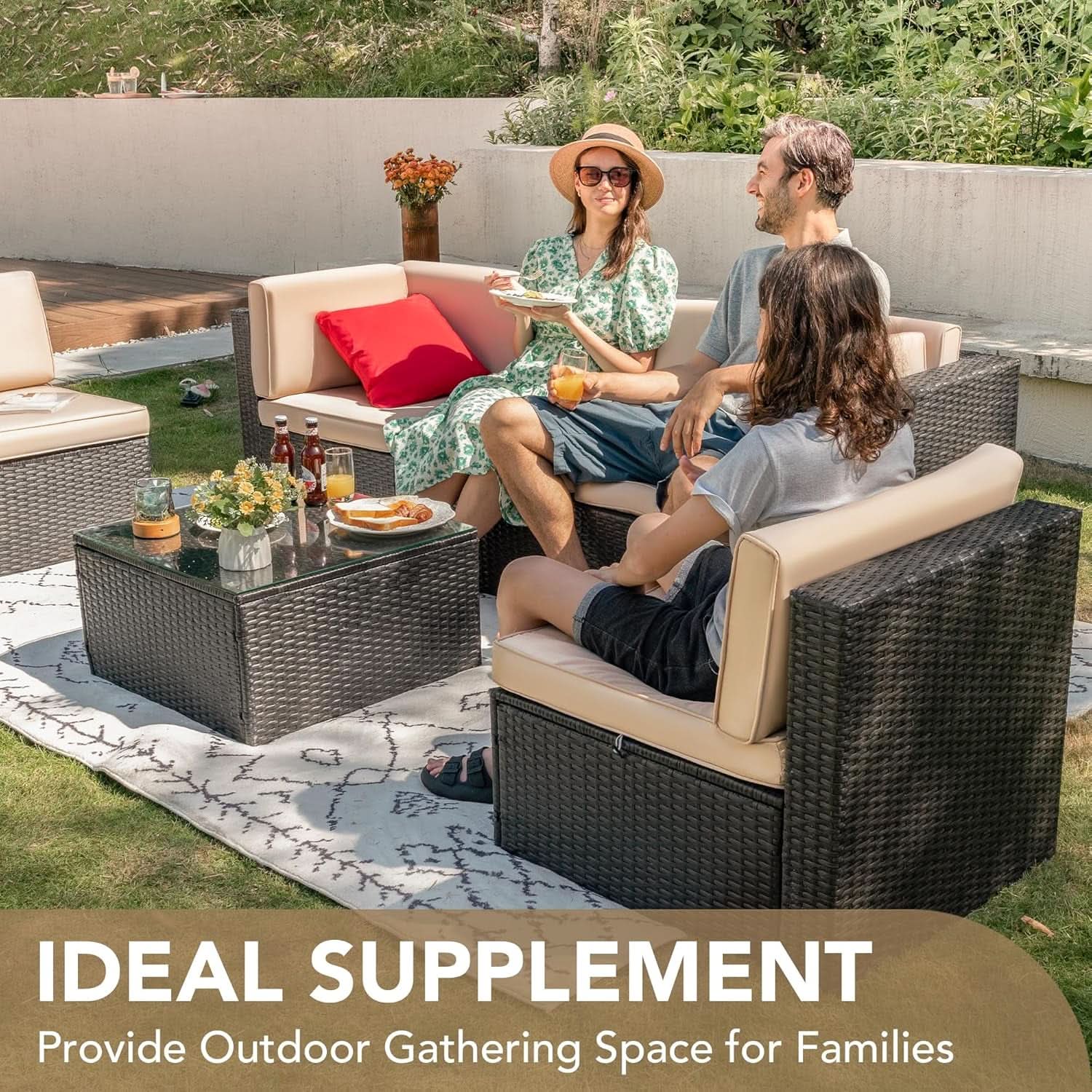 6 Piece Outdoor Rattan Sectional Sofa Set - Beige
