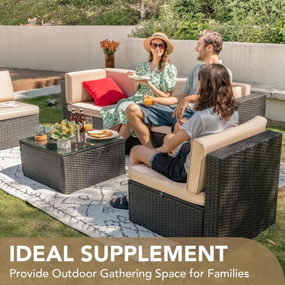 6 Piece Outdoor Rattan Sectional Sofa Set - Beige