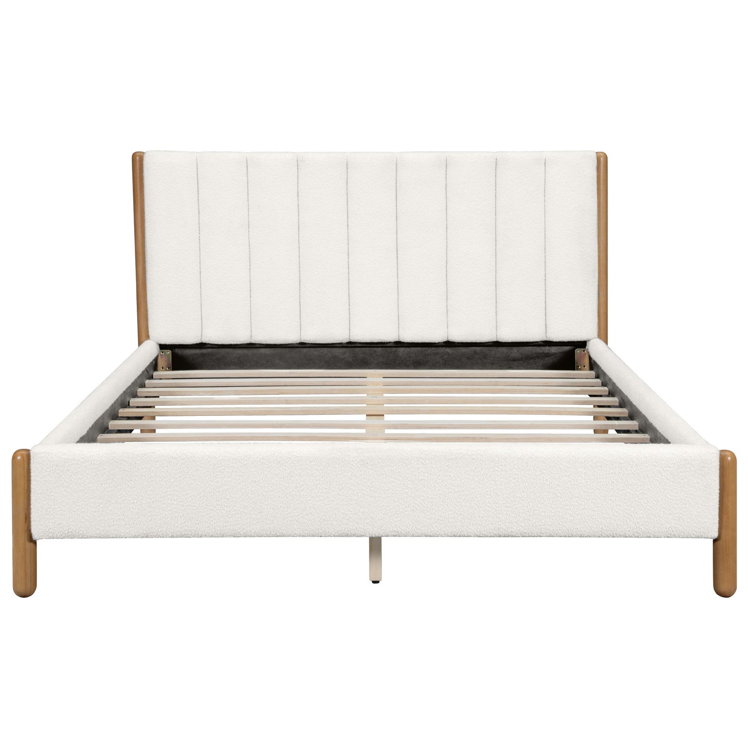 Queen Size Bed Frame with Boucle Upholstered Headboard and Solid Wooden Legs - Off White