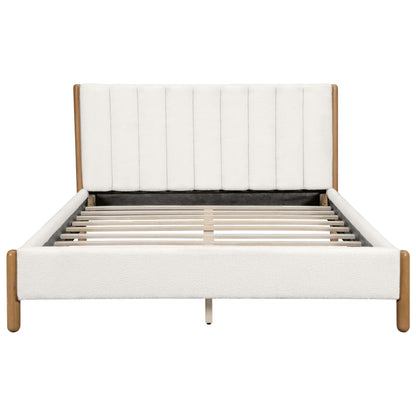 Queen Size Bed Frame with Boucle Upholstered Headboard and Solid Wooden Legs - Off White
