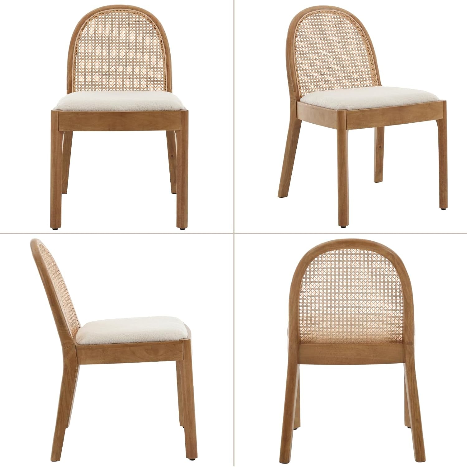 Mid Century Rattan Dining Chairs With Sherpa Upholstered Seat - 2 Pack