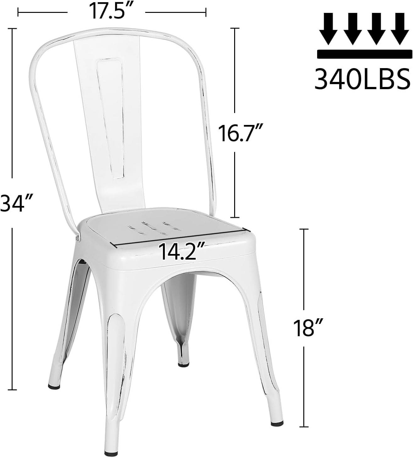 Set of 4 Stackable Distressed White Metal Indoor/Outdoor Dining Chairs