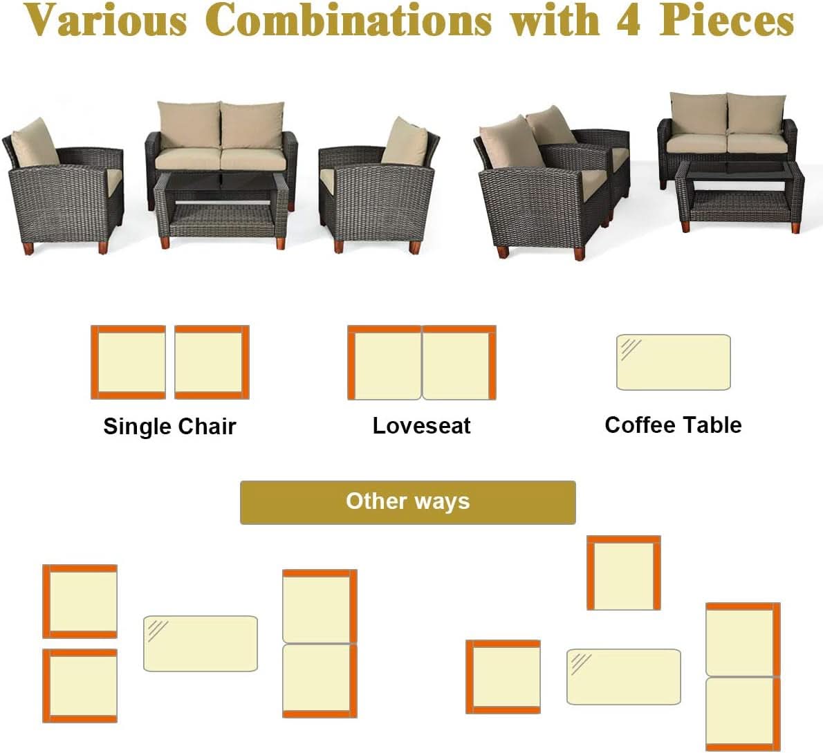 4 Piece Rattan Patio Conversation Set - Beige