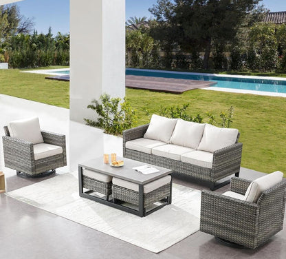 Oversize Outdoor Wicker Patio Sofa Set With 2 Swivel Chairs, 2 Ottomans, and Coffee Table in Grey/Beige