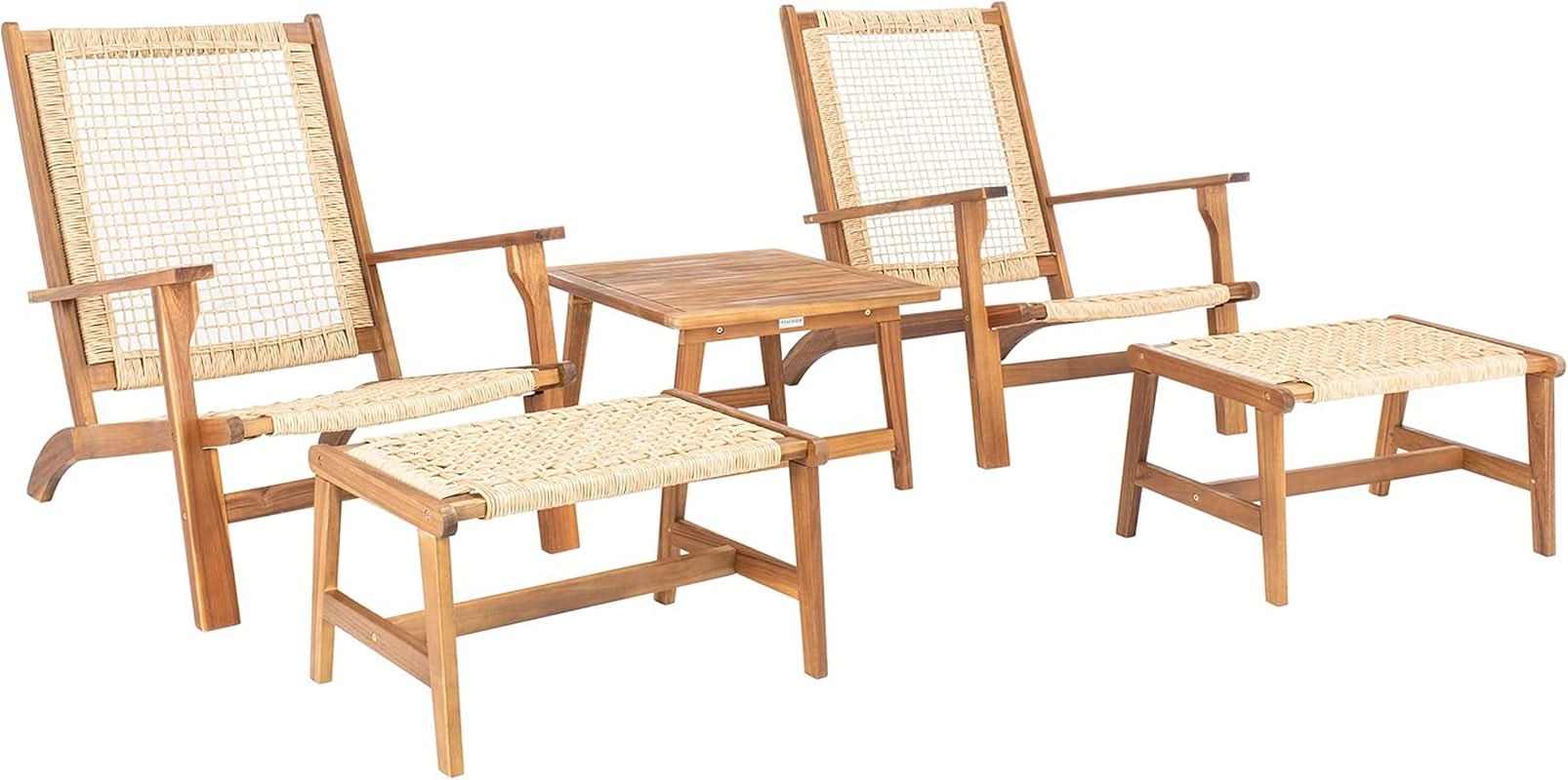 Outdoor Acacia Wood Rattan 5 Piece Patio Set
