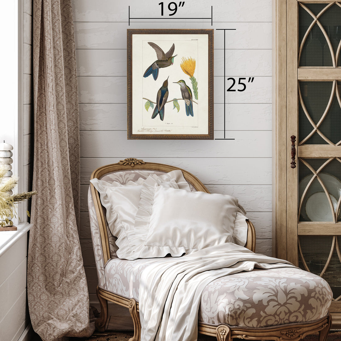 Hummingbirds Around Yellow Flower in Bronze-Beaded Frame - 24 x 18 inch