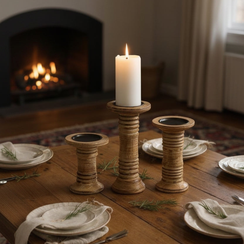 Ribbed Wooden Pillar Candle Holder | 3 Sizes